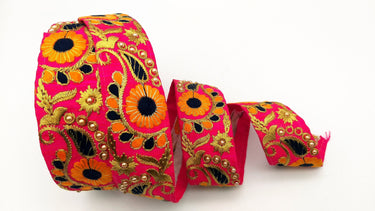 Fuchsia Pink Art Silk Lace Trim, Floral Embroidery in Orange, Black and Gold